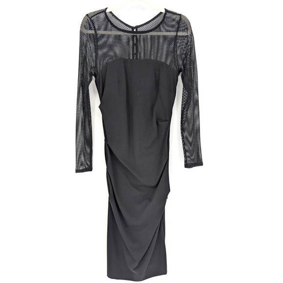 Nicole Miller Artelier Black Mesh Detail Ruched Gathered Midi Dress Size 6 Sexy - Picture 3 of 11